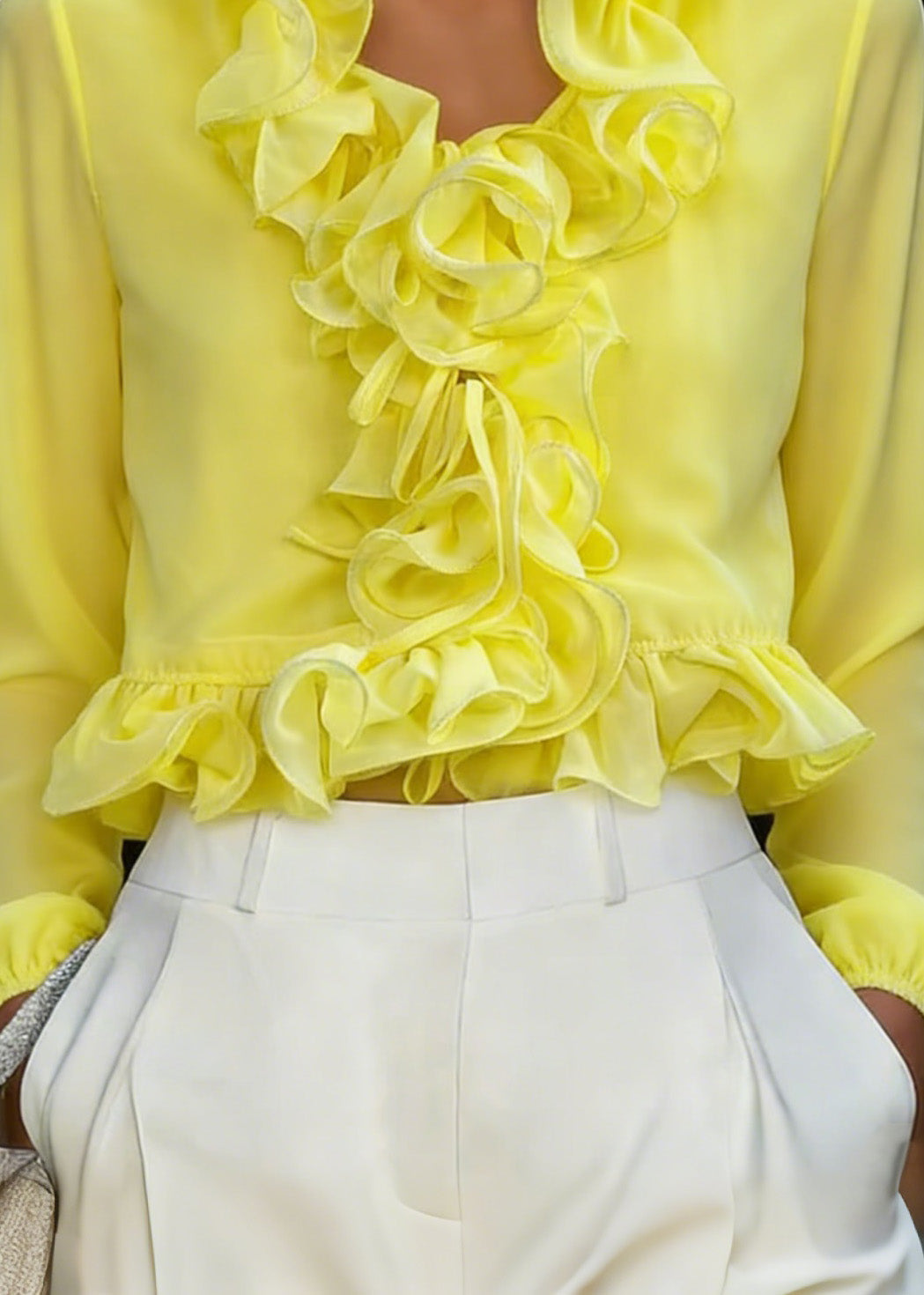 Fine Yellow Ruffled Patchwork Chiffon Top Spring - Omychic