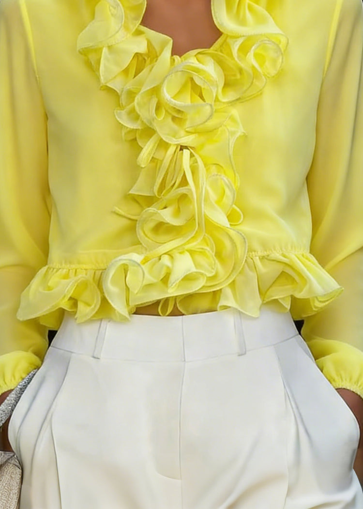 Fine Yellow Ruffled Patchwork Chiffon Top Spring - Omychic