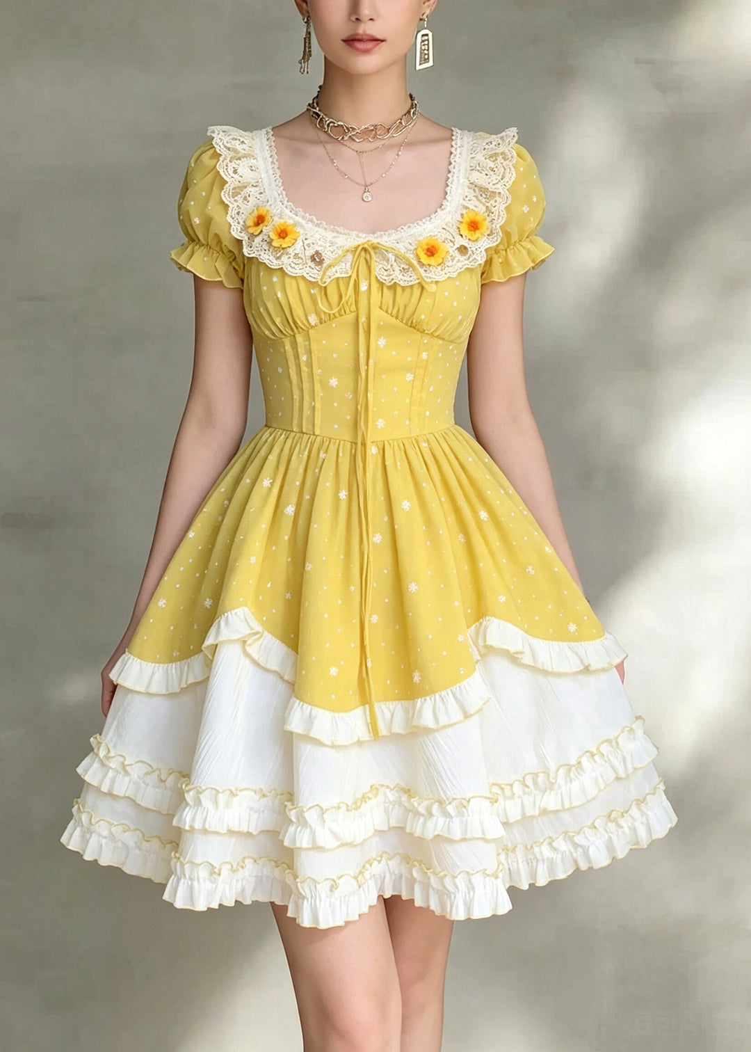 Fine Yellow Square Collar Ruffled Patchwork Mid Dress Short Sleeve