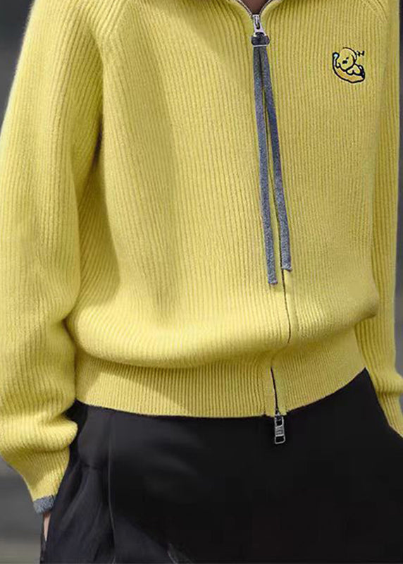 Fine Yellow Stand Collar Zippered Cotton Knit Cardigans Lantern Sleeve