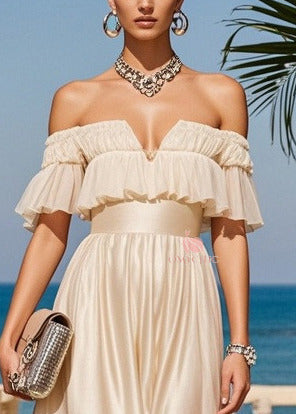 Fitted Apricot Cold Shoulder Side Open Silk Strapless Dresses Summer