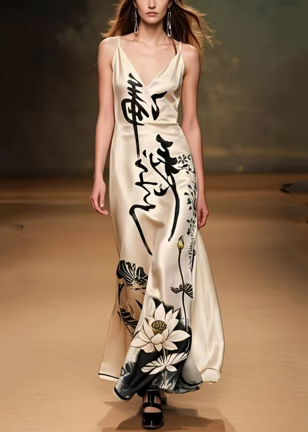 Fitted Apricot Print Draping Silk Party Dress Summer