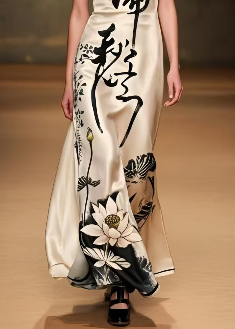 Fitted Apricot Print Draping Silk Party Dress Summer
