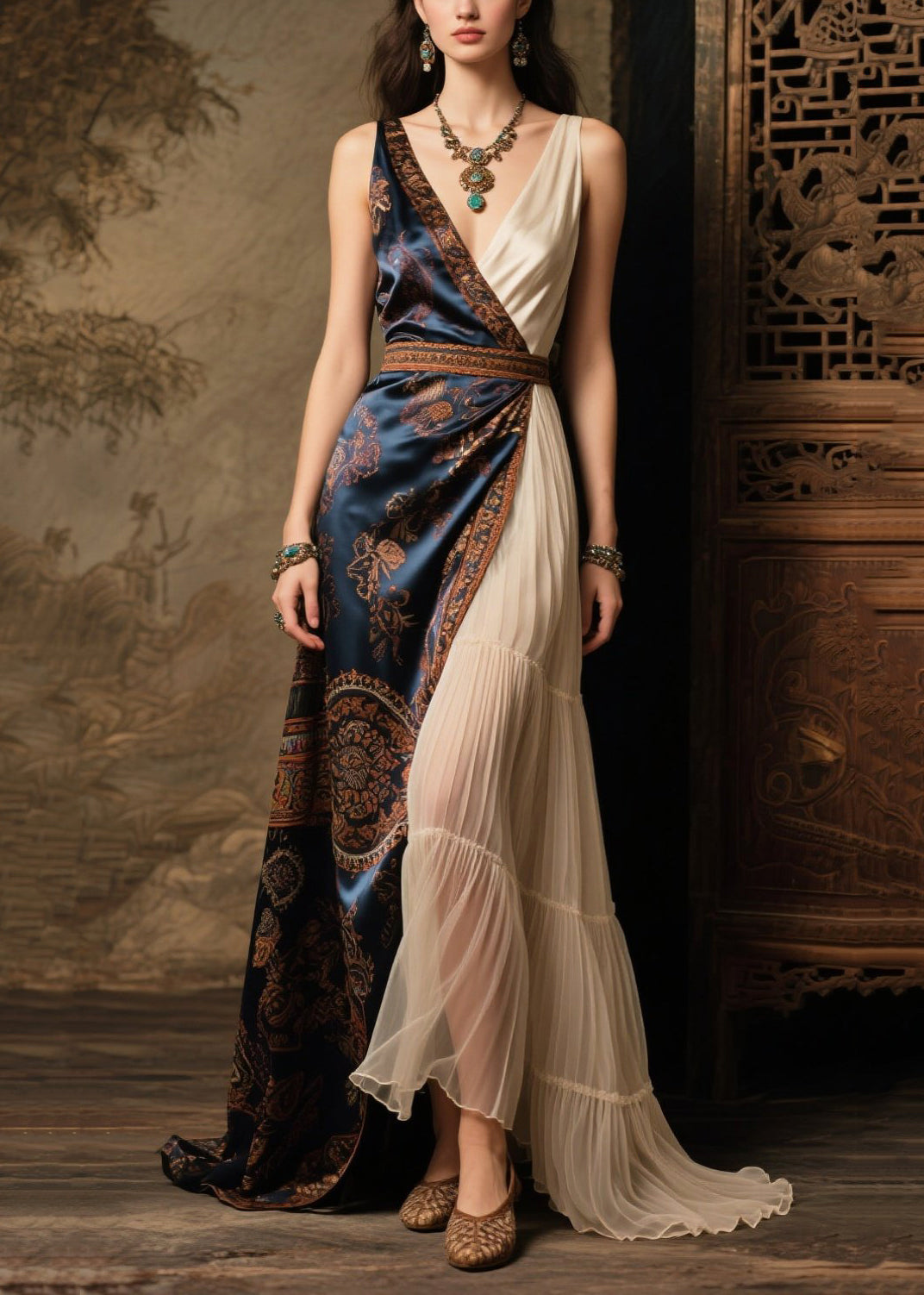 Fitted Asymmetrical Patchwork Exra Large Hem Silk Tunic Dress Summer