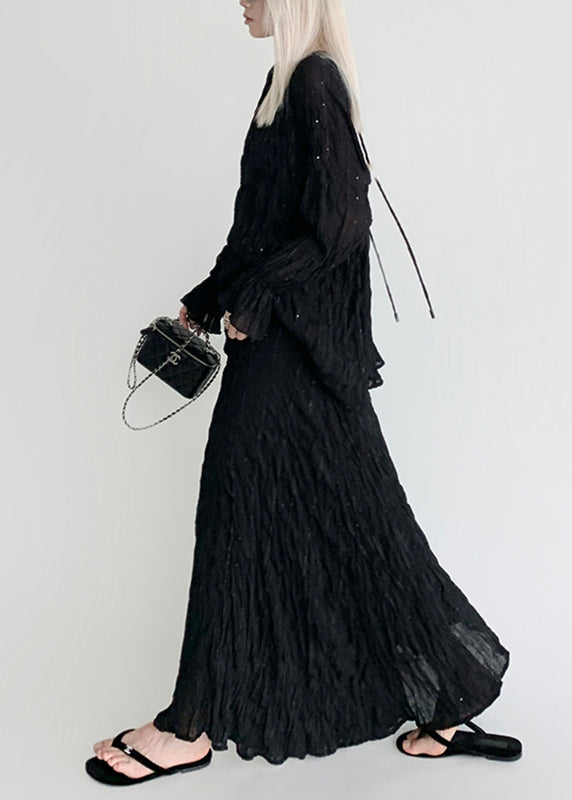 Fitted Beige O-Neck Wrinkled Top And A Line Skirts Two Pieces Set Lantern Sleeve