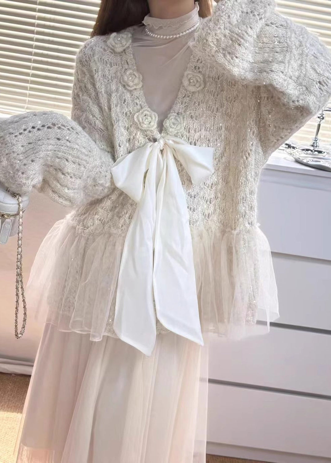 Fitted Beige Sequins Patchwork Bow Knit Cardigans Spring