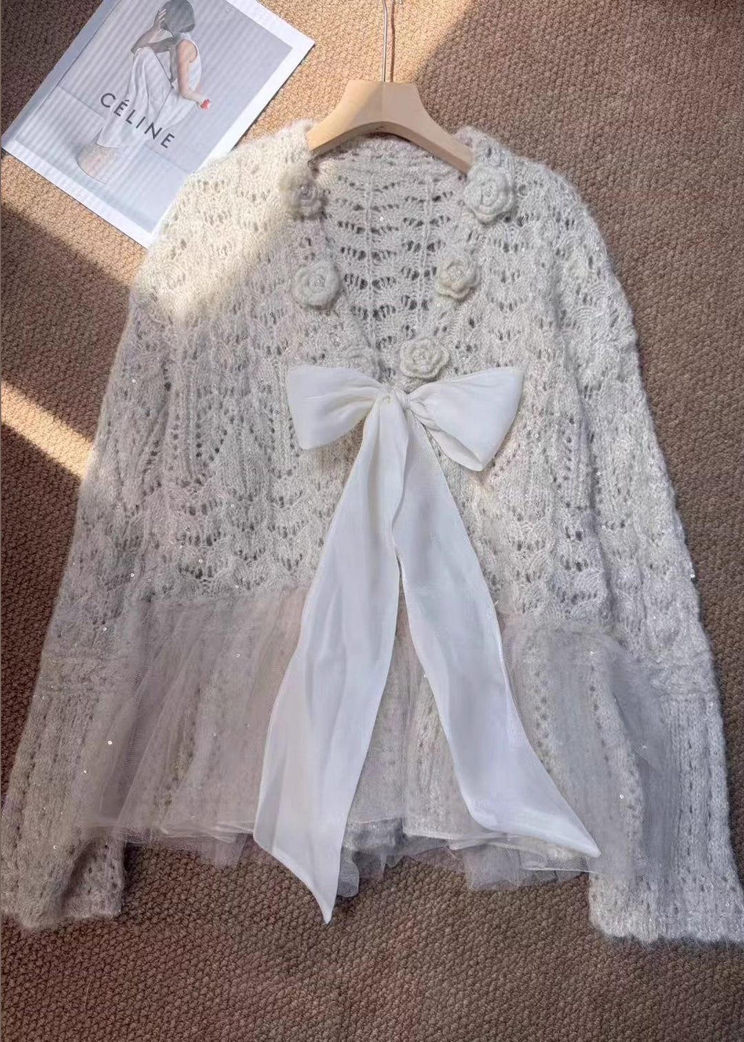 Fitted Beige Sequins Patchwork Bow Knit Cardigans Spring