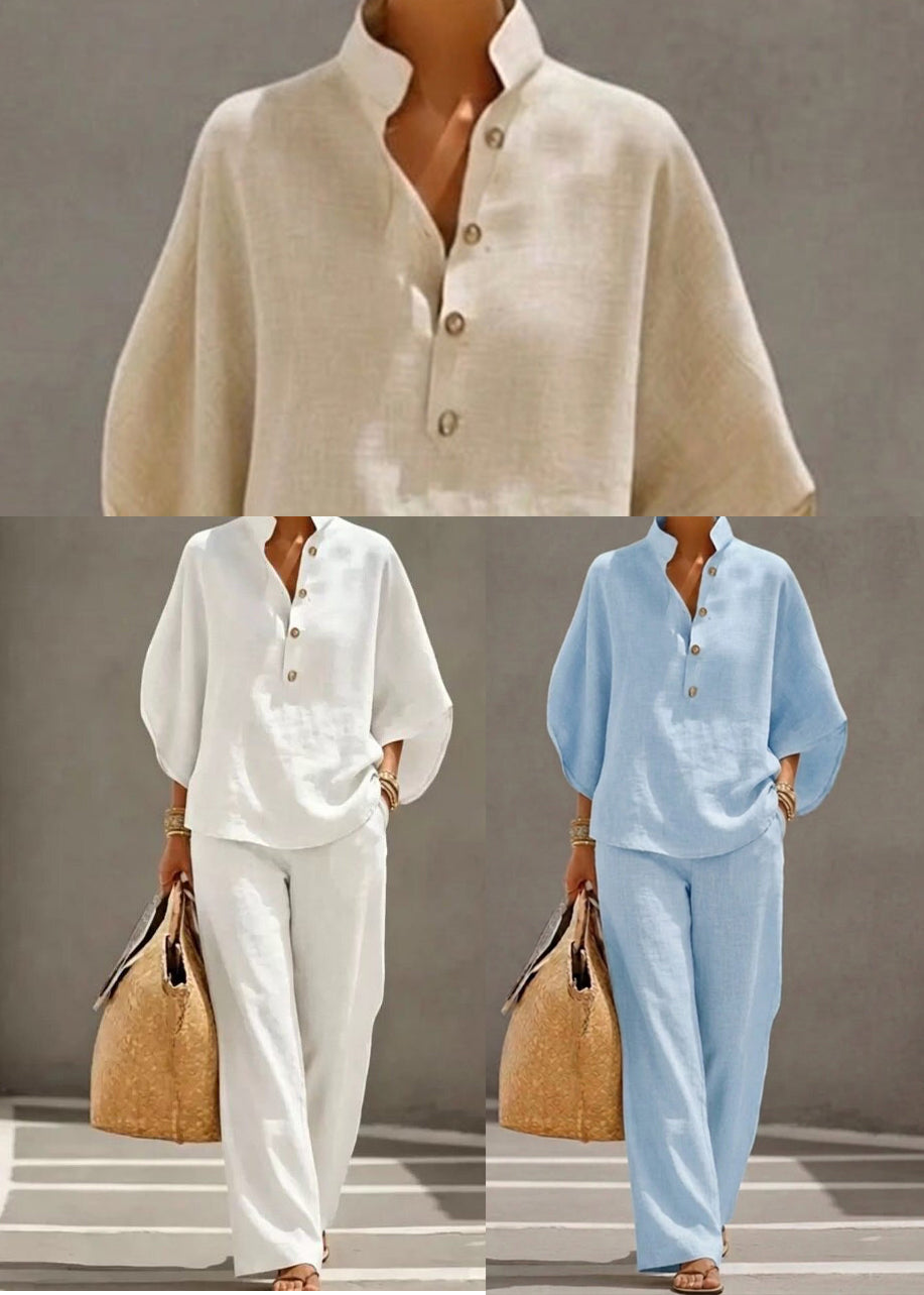 Fitted Beige Stand Collar Cotton Two Piece Set Outfits Fall