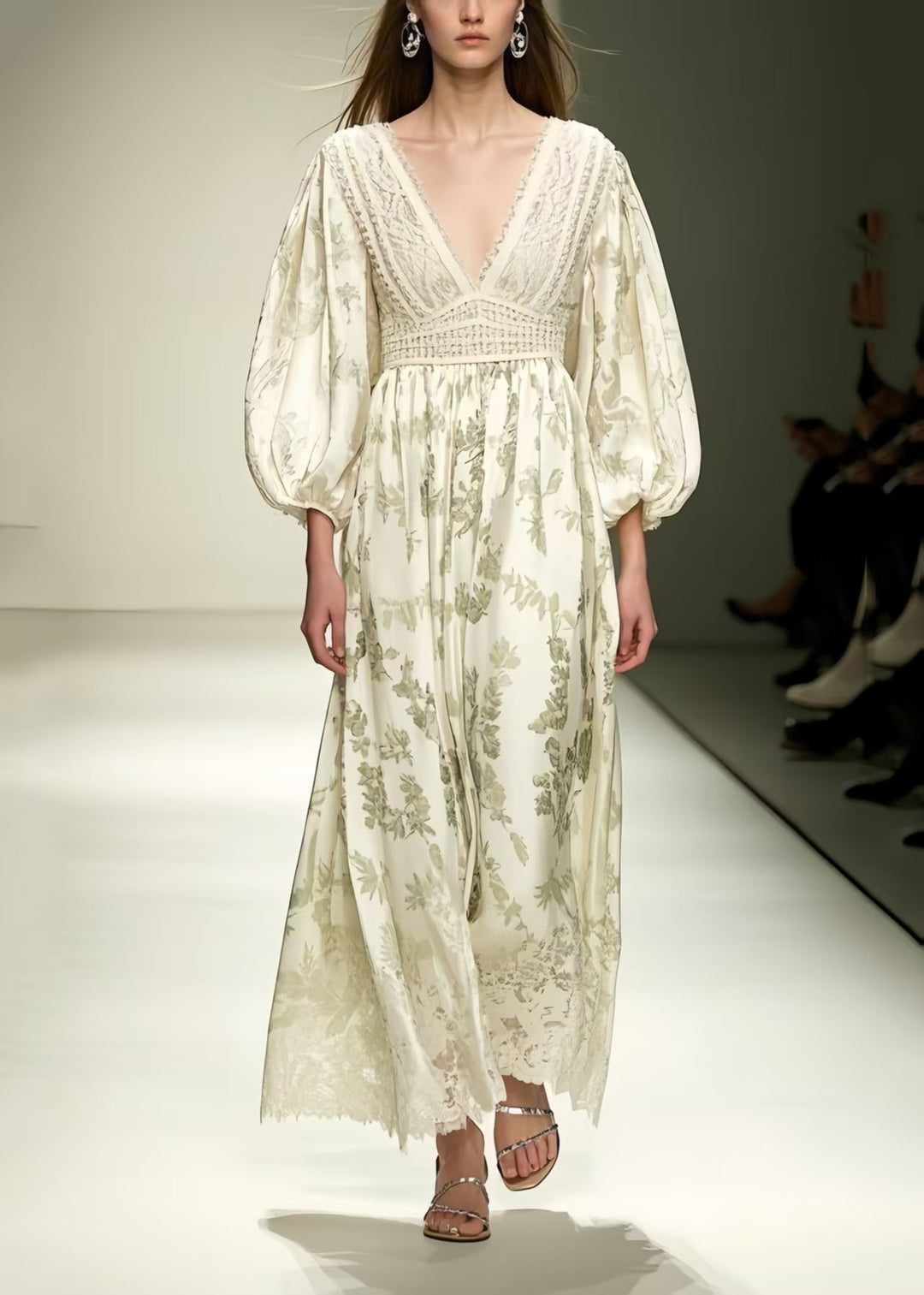 Fitted Beige V Neck Print Silk Vacation Dresses Lantern Sleeve