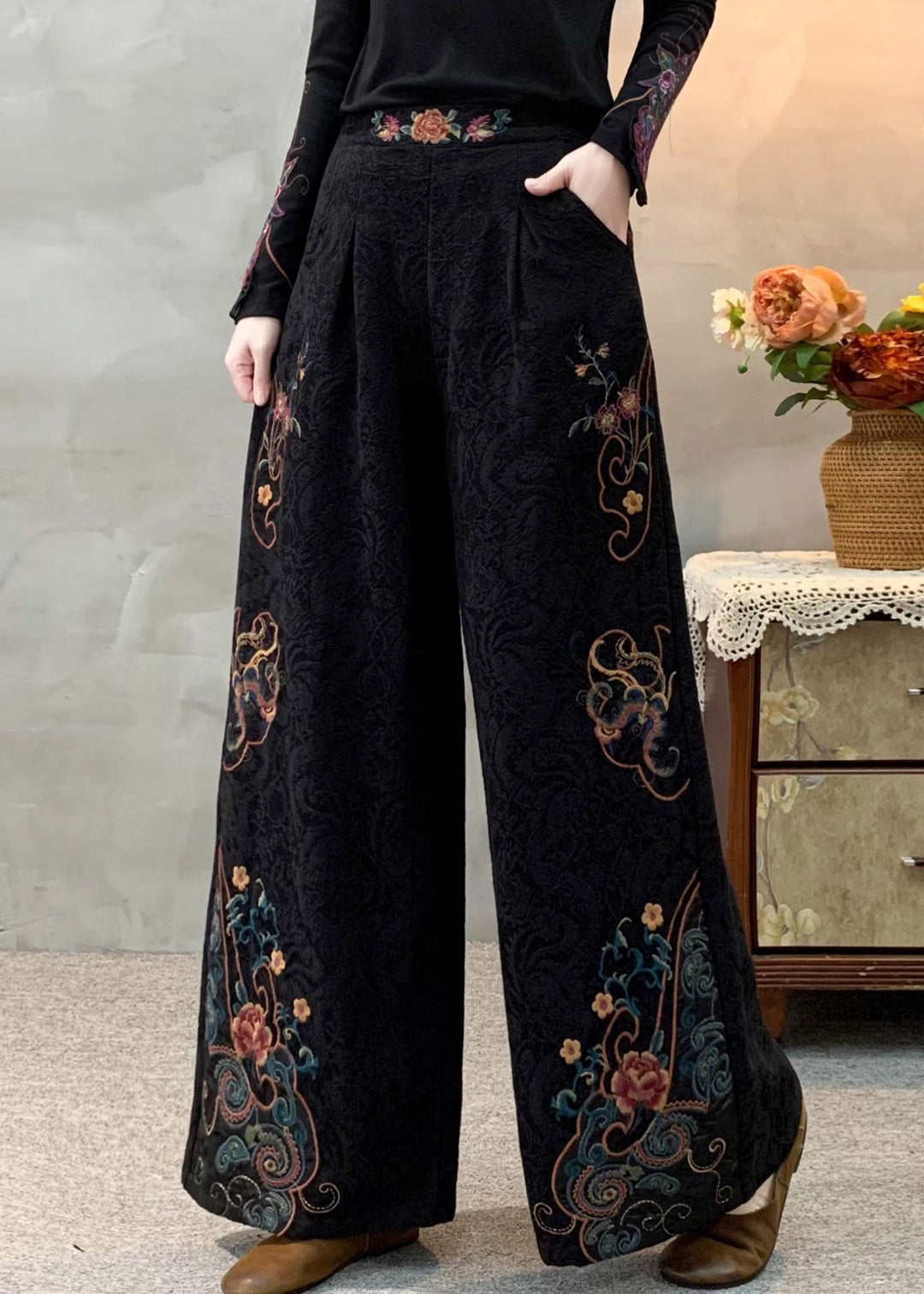 Fitted Black Embroidered Jacquard Warm Fleece Wide Leg Pants Winter