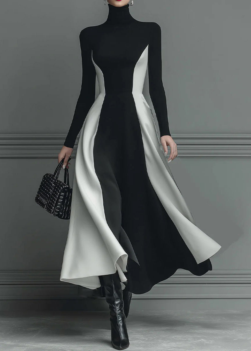 Fitted Black Hign Neck Patchwork Cotton Long Dress Spring