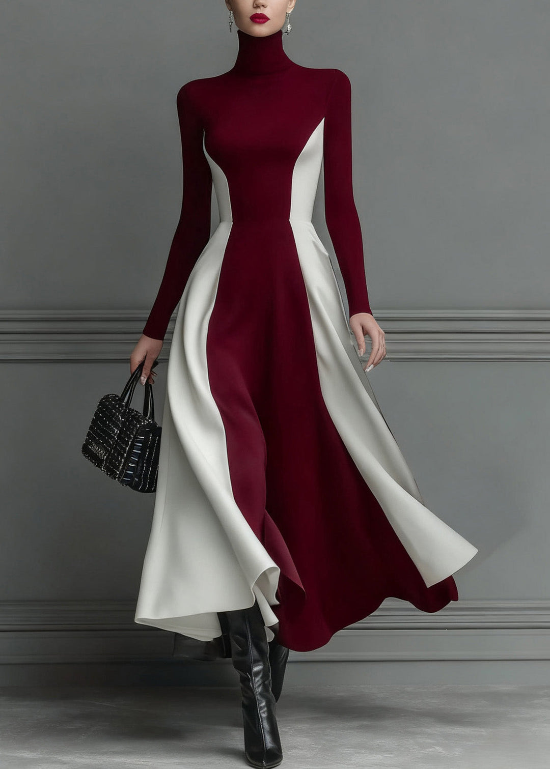 Fitted Black Hign Neck Patchwork Cotton Long Dress Spring