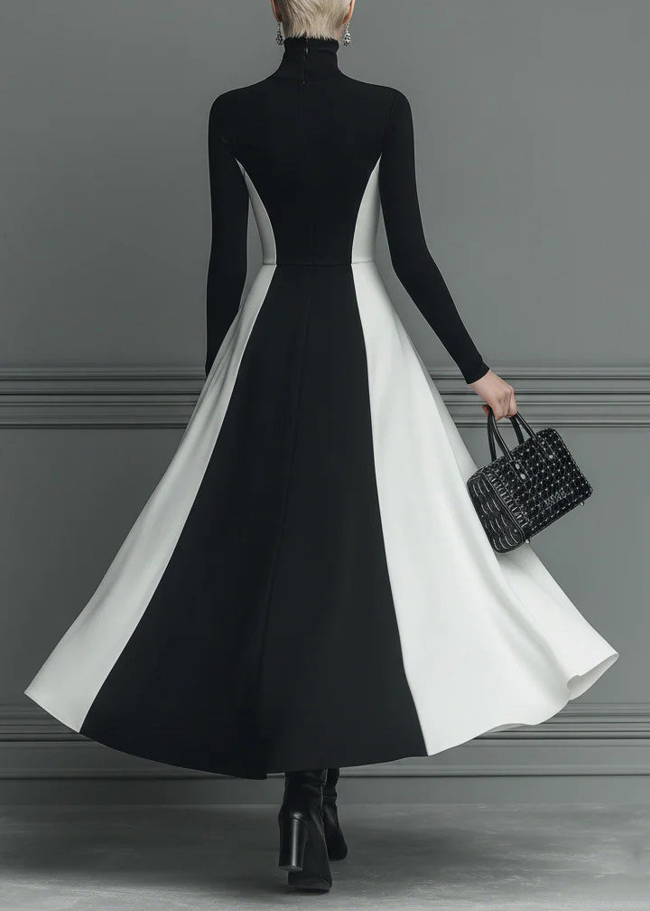 Fitted Black Hign Neck Patchwork Cotton Long Dress Spring