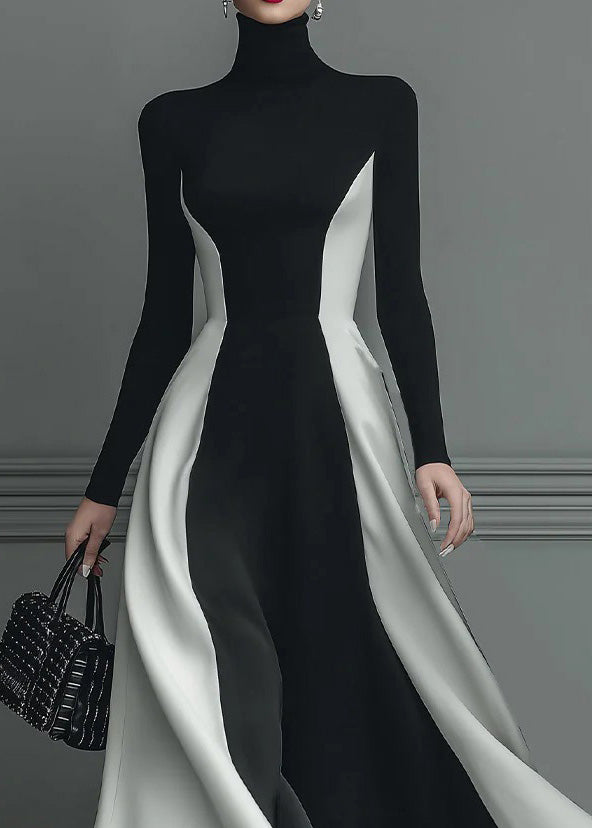 Fitted Black Hign Neck Patchwork Cotton Long Dress Spring