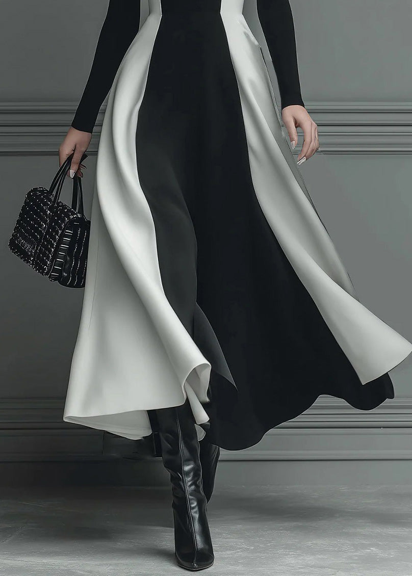 Fitted Black Hign Neck Patchwork Cotton Long Dress Spring