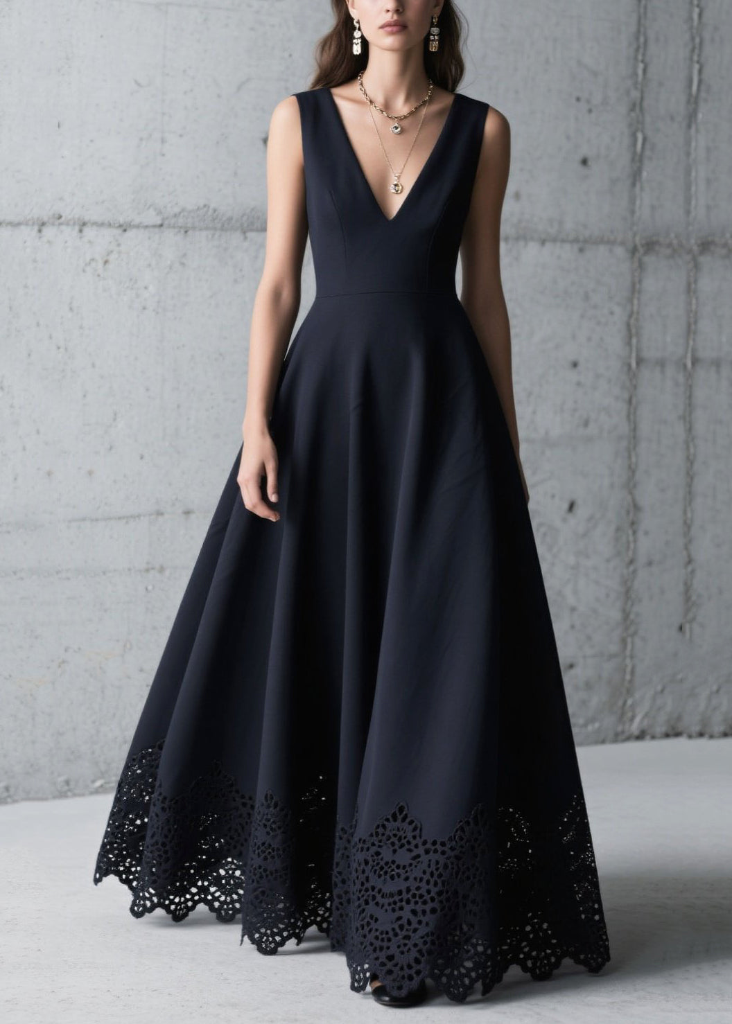 Fitted Black Hollow Out Exra Large Hem Chiffon Dress Summer