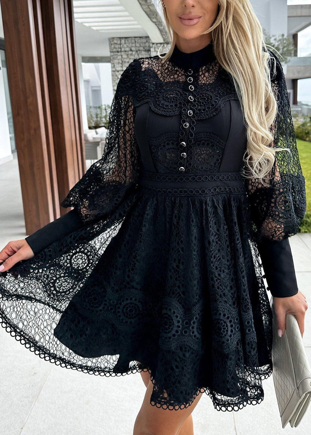 Fitted Black Hollow Out Lace Tea Dress Summer