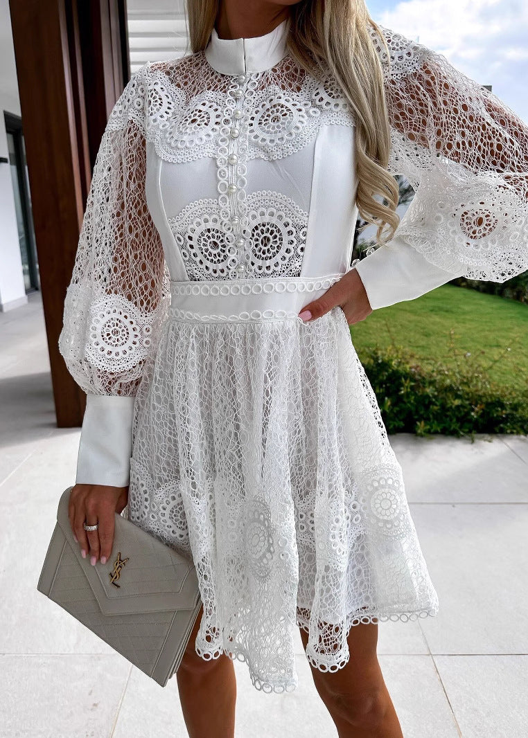 Fitted Black Hollow Out Lace Tea Dress Summer