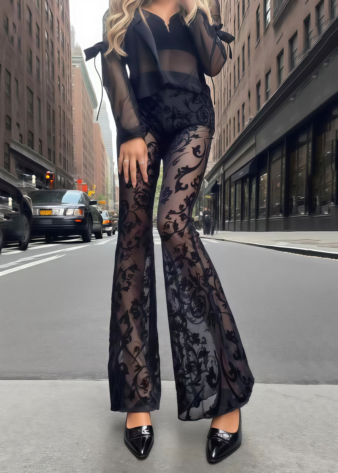 Fitted Black Jacquard Patchwork Tulle Flared Pants Trousers Summer
