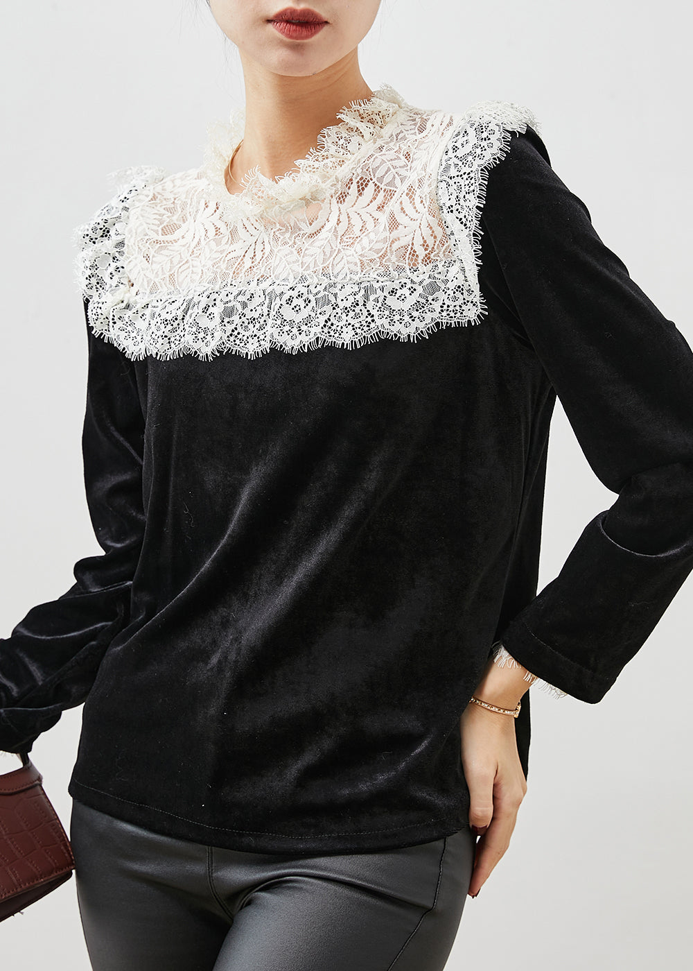 Fitted Black Lace Patchwork Silm Fit Velour Blouses Spring