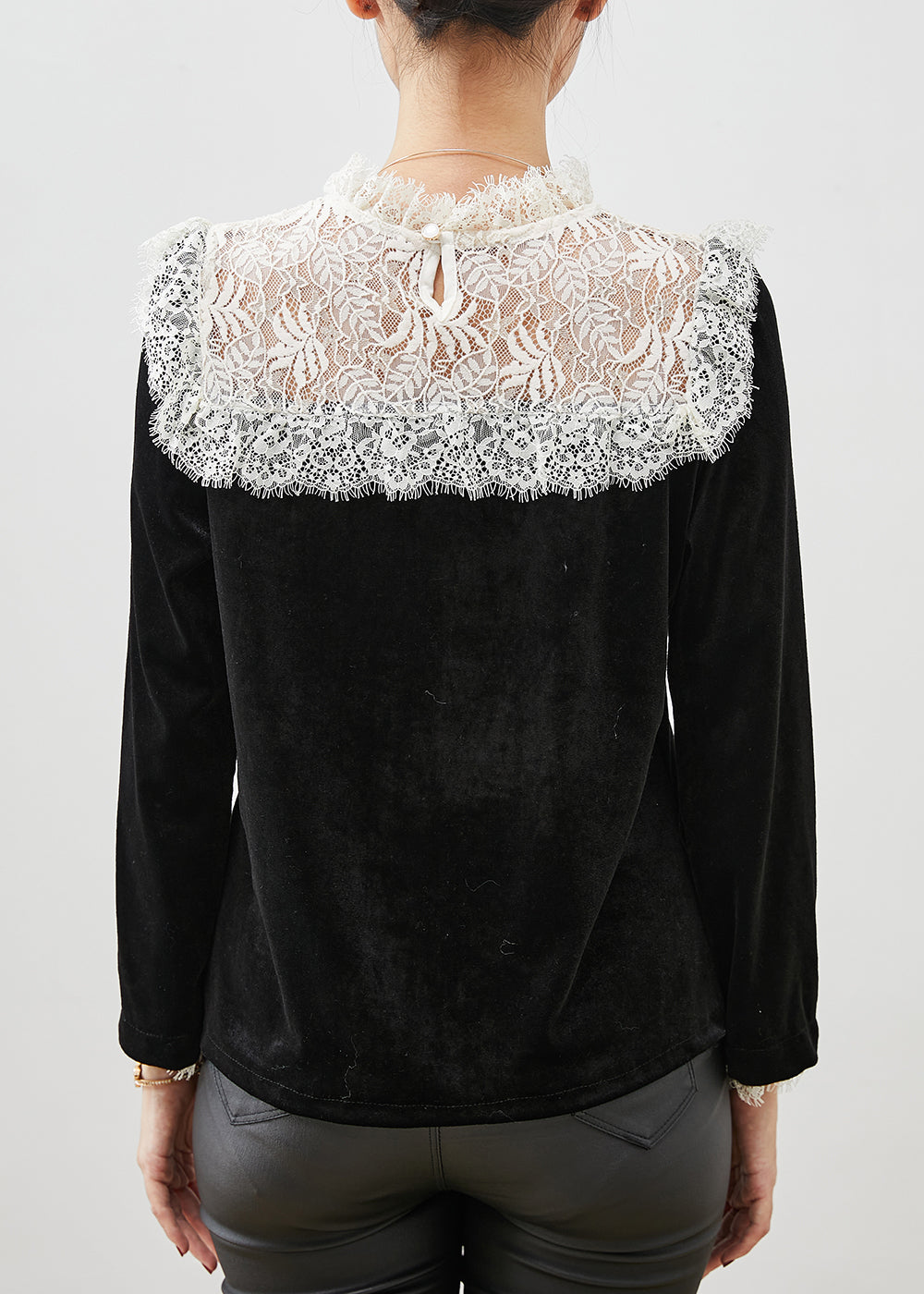 Fitted Black Lace Patchwork Silm Fit Velour Blouses Spring