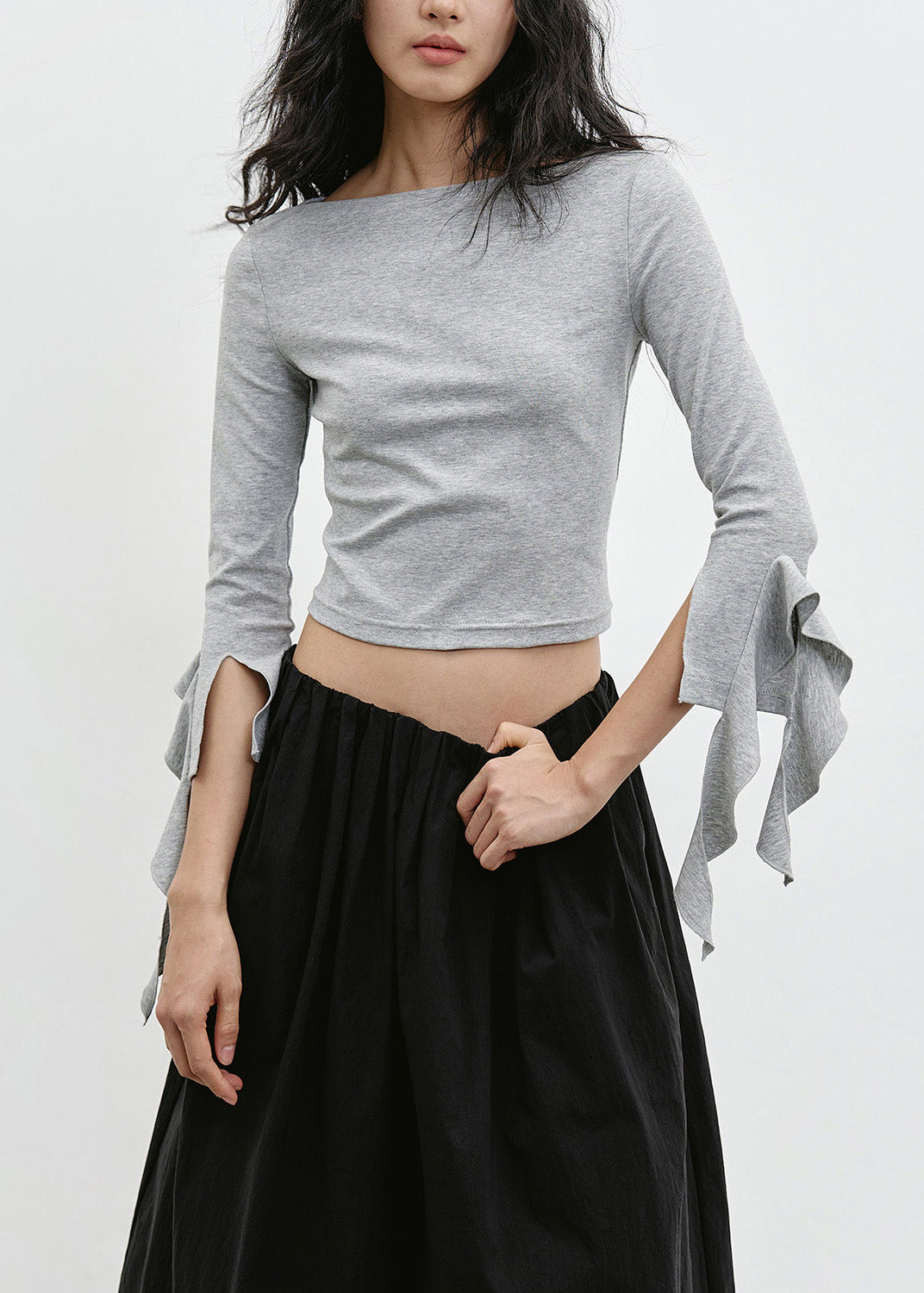 Fitted Black O Neck Ruffled Cotton Tops Bracelet Sleeve