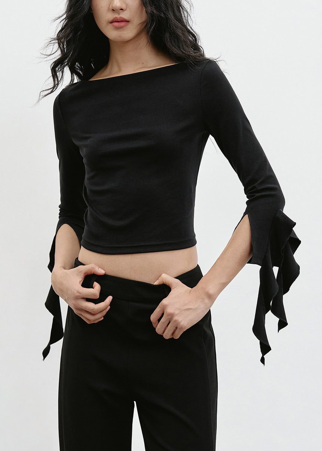 Fitted Black O Neck Ruffled Cotton Tops Bracelet Sleeve