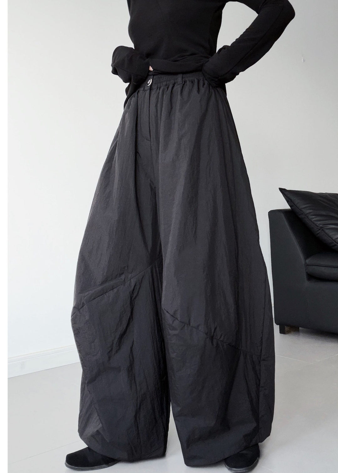 Fitted Black Oversized Pockets Fine Cotton Filled Pants Winter