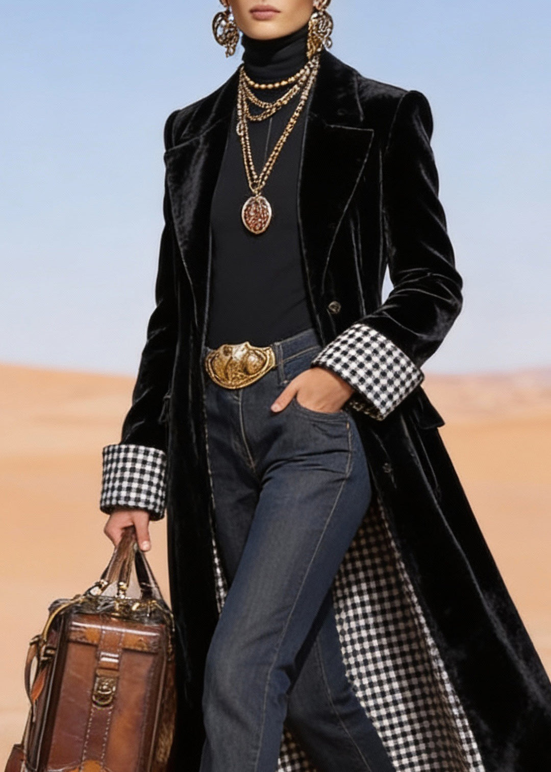 Fitted Black Peter Pan Collar Pockets Velvet Long Coat Spring