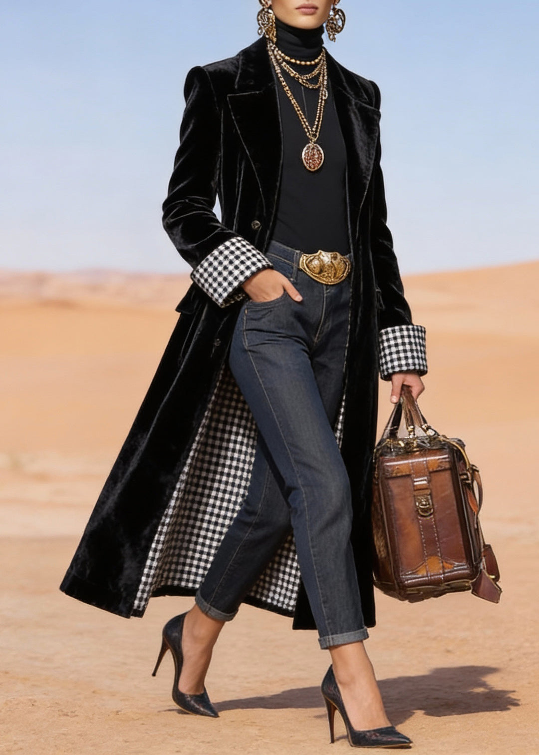 Fitted Black Peter Pan Collar Pockets Velvet Long Coat Spring