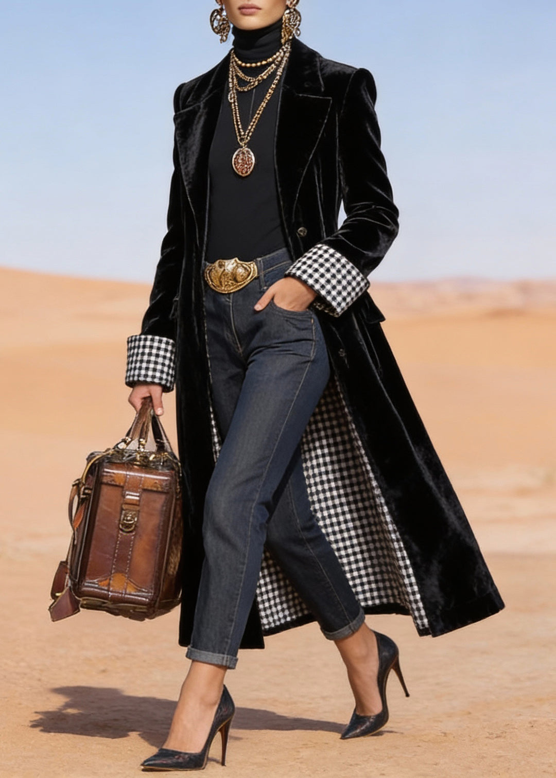 Fitted Black Peter Pan Collar Pockets Velvet Long Coat Spring