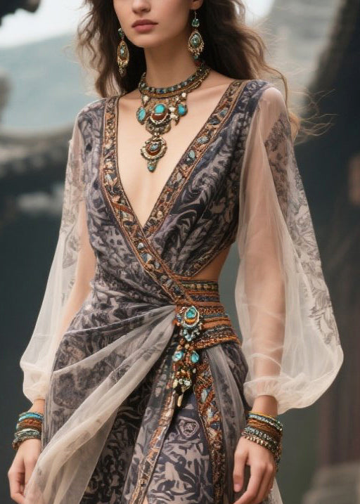 Fitted Black Print Side Open Chiffon Vacation Dresses Summer