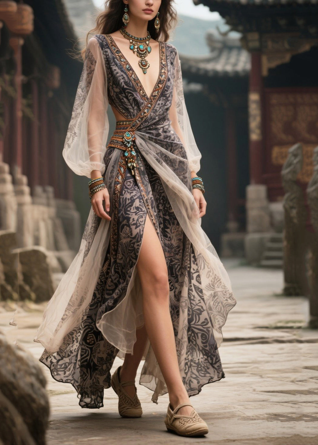 Fitted Black Print Side Open Chiffon Vacation Dresses Summer
