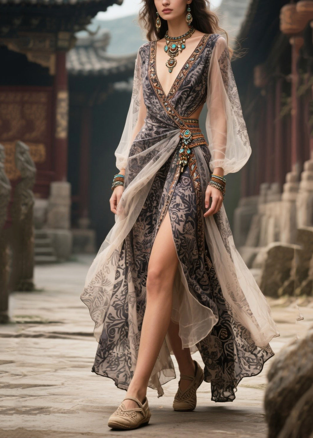 Fitted Black Print Side Open Chiffon Vacation Dresses Summer