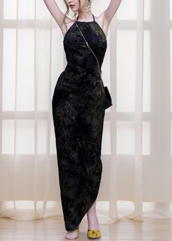 Fitted Black Print Side Open Long Spaghetti Strap Dress Sleeveless