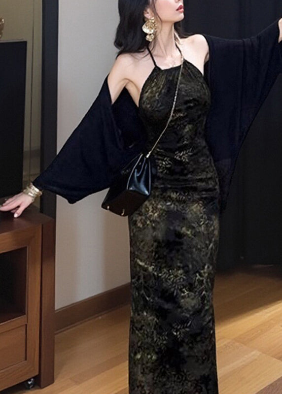 Fitted Black Print Side Open Long Spaghetti Strap Dress Sleeveless