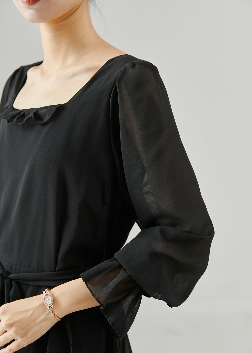 Fitted Black Ruffled Tie Waist Chiffon Dresses Spring