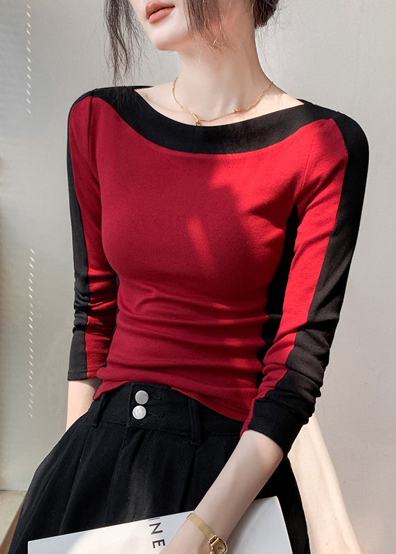 Fitted Black Slash Neck Patchwork Cotton T Shirts Fall