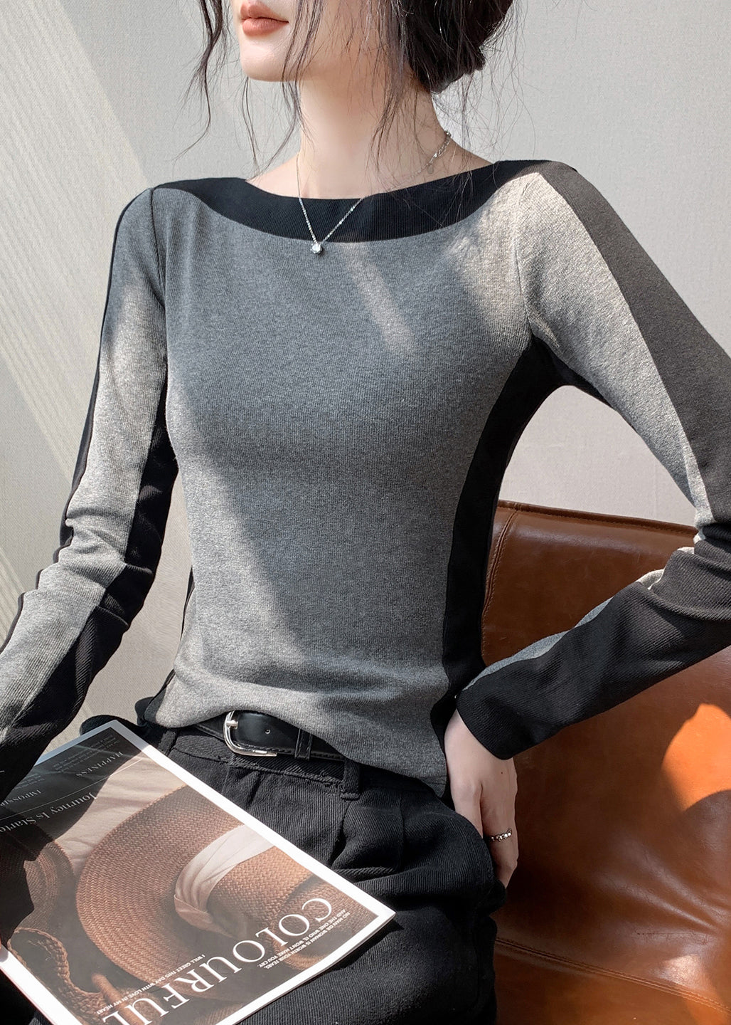 Fitted Black Slash Neck Patchwork Cotton T Shirts Fall