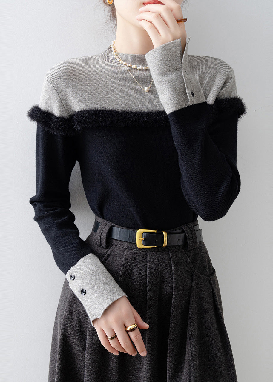 Fitted Black Stand Collar Patchwork Faux Fur Sweater Winter