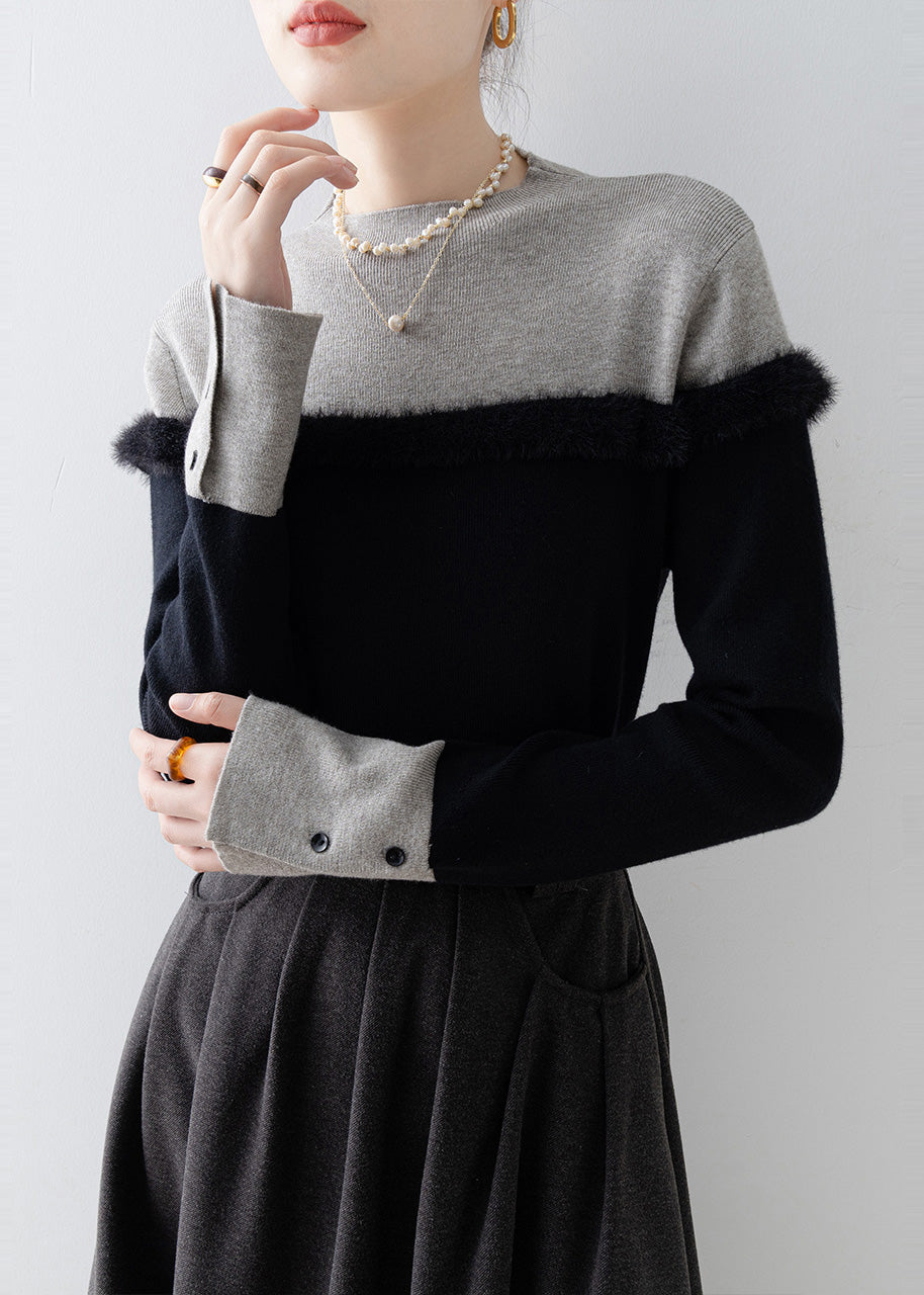 Fitted Black Stand Collar Patchwork Faux Fur Sweater Winter