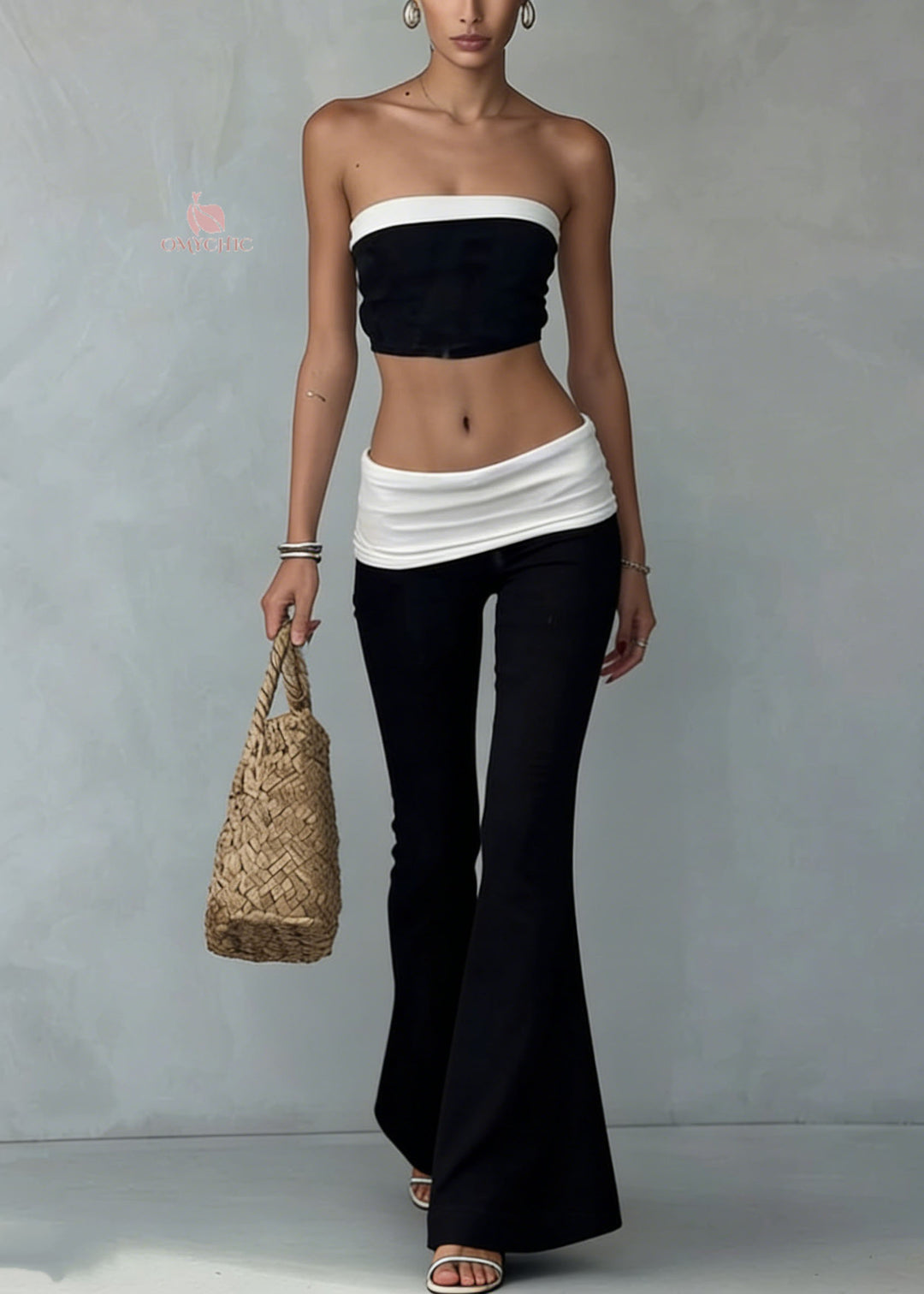 Fitted Black Strapless And Flared Trousers Cotton Two Pieces Set Summer