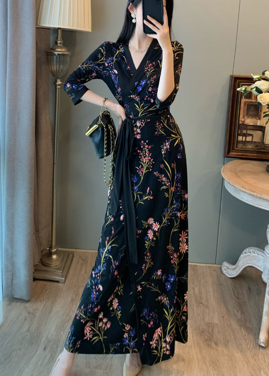 Fitted Black Tunic Print Side Open Long Dresses Summer