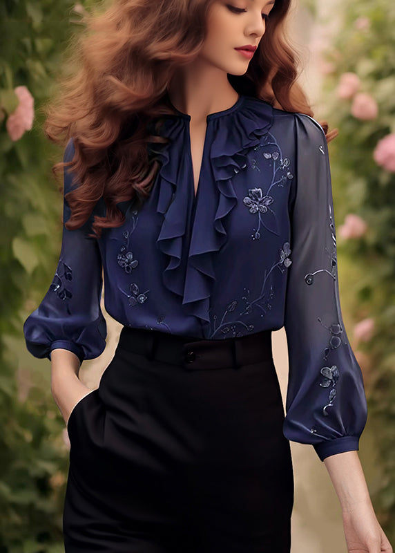 Fitted Black V Neck Embroidered Chiffon Tops Bracelet Sleeve