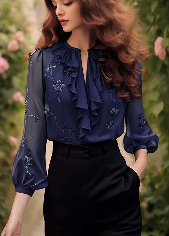 Fitted Black V Neck Embroidered Chiffon Tops Bracelet Sleeve