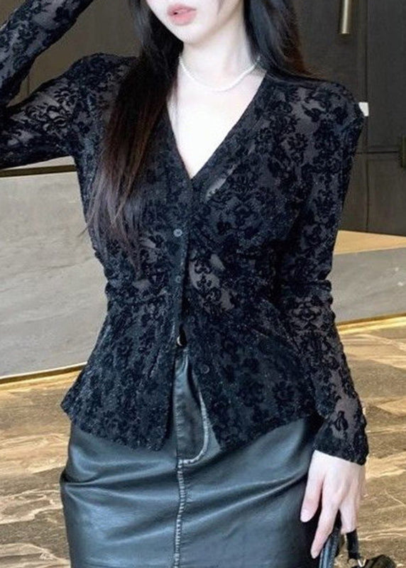 Fitted Black V Neck Flocking Lace Top Spring