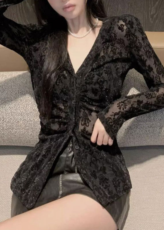 Fitted Black V Neck Flocking Lace Top Spring