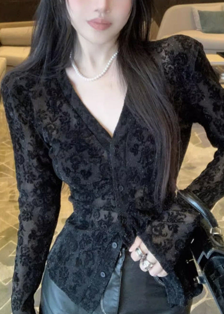 Fitted Black V Neck Flocking Lace Top Spring