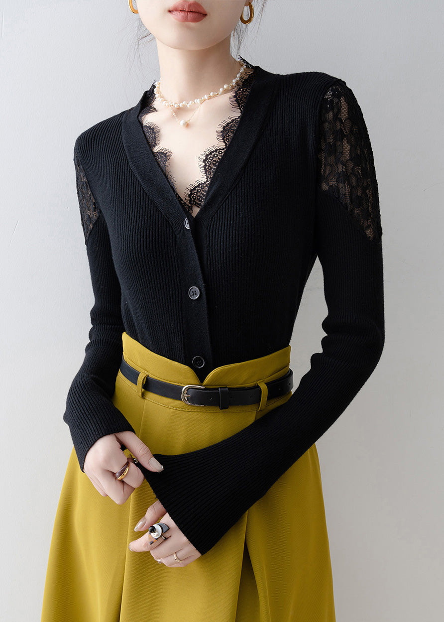 Fitted Black V Neck Lace Patchwork Knit Short Sweater Spring