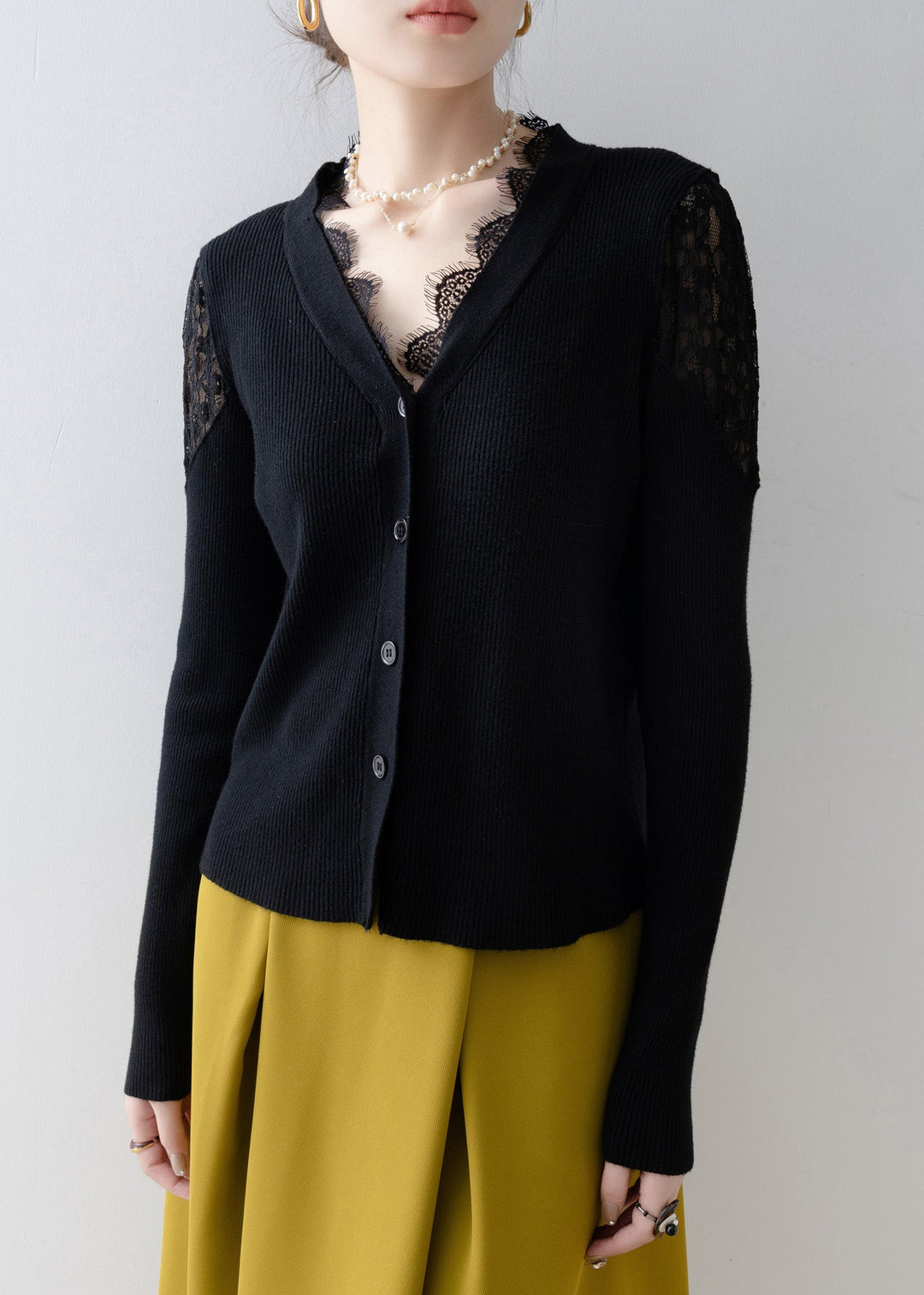 Fitted Black V Neck Lace Patchwork Knit Short Sweater Spring